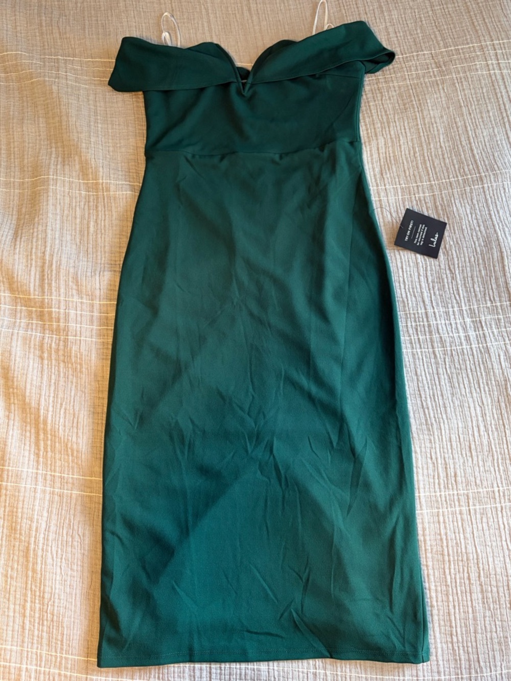 Lulus My Favorite Night Dark Green Off-the-Shoulder Bodycon Midi Dress